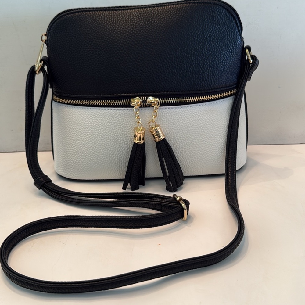 Black and white crossbody bag gold tone hardware New